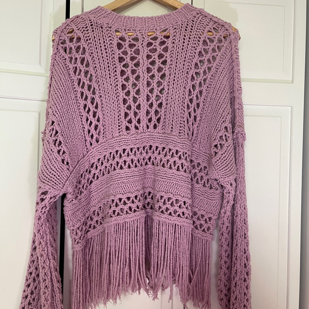 Free People Lavender Open-Knit Fringe Crewneck Sweater